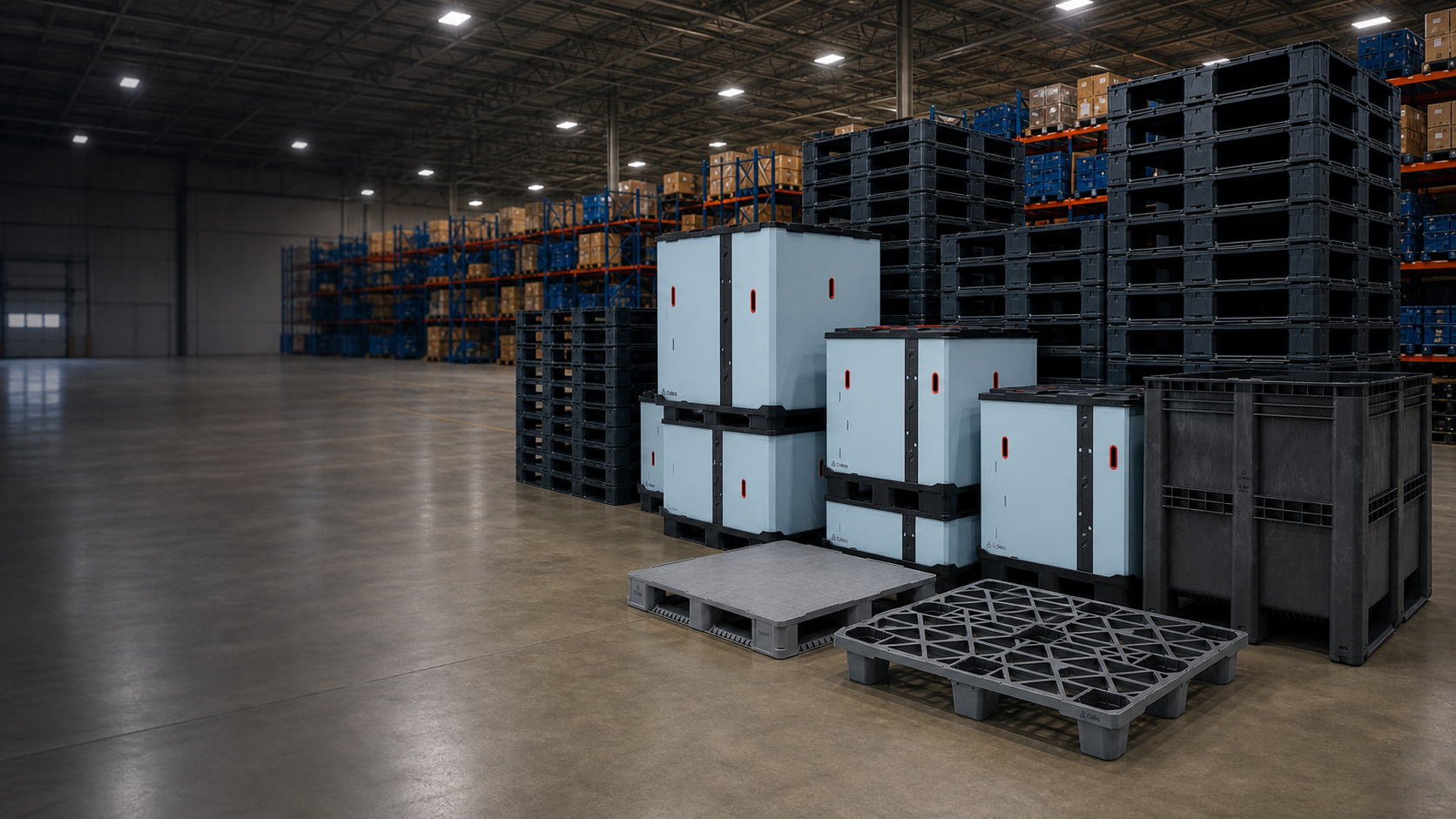 Contenedores y tarimas plásticas MYFI en un entorno de almacenamiento industrial.